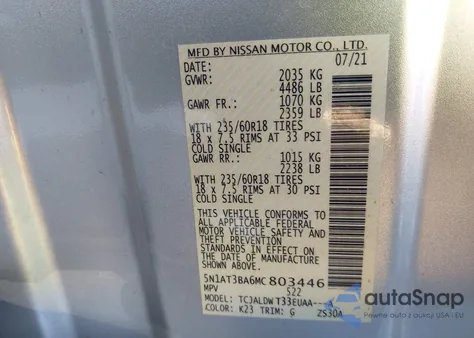 2021 Nissan Rogue Sv Fwd z USA, uszkodzony, nr VIN 5N1AT3BA6MC803446